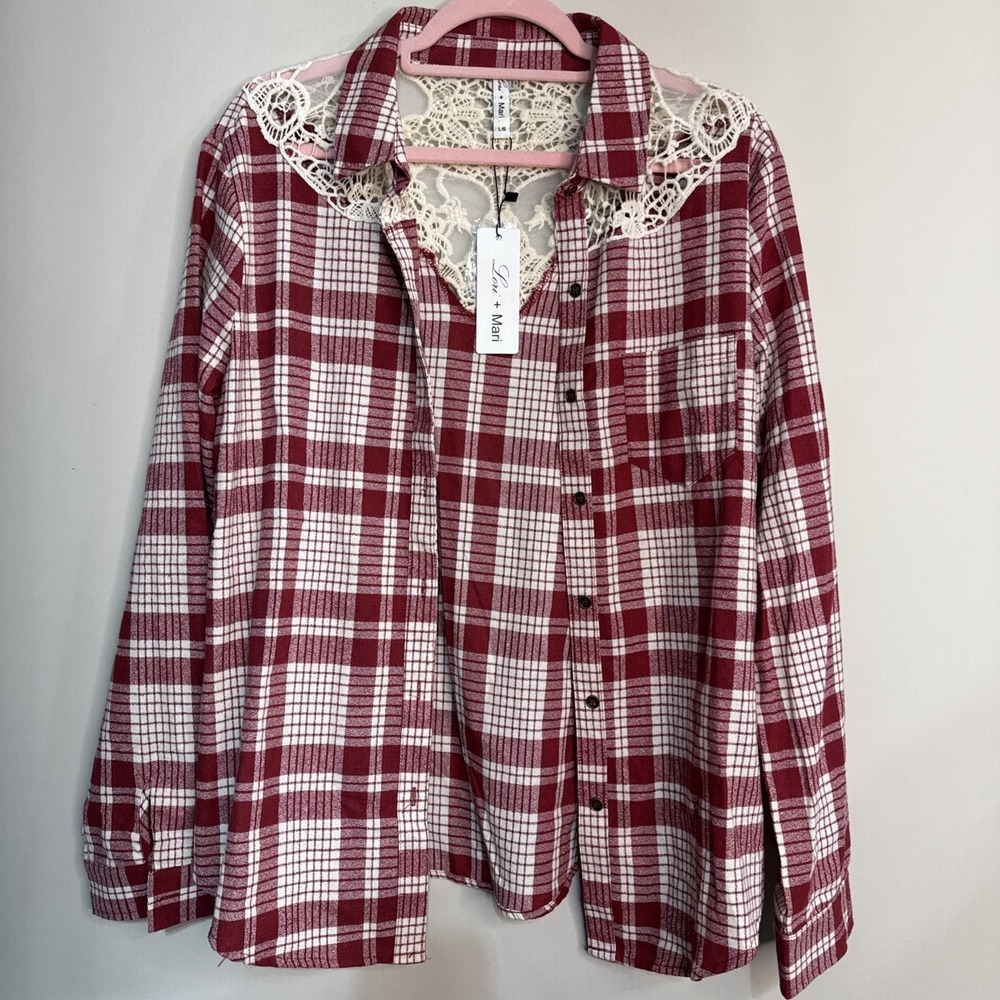 Lori + Mari Red Plaid Lace Yoke Shirt Cowgirl Western Button Down NWT L - Picture 12 of 14